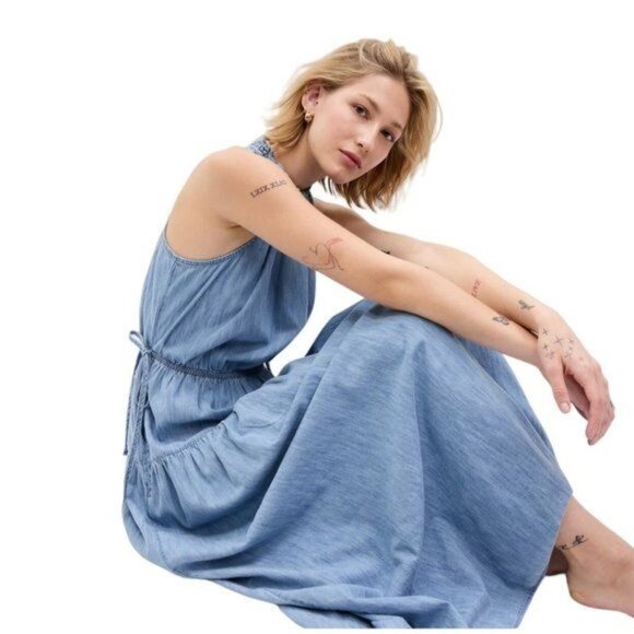 GAP 100% Organic Cotton High Neck Denim Maxi Dress Women's Size XXL NEW with Tag - Picture 3 of 6
